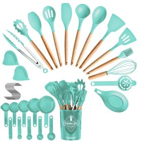 4 Colors Options -- Set Of 35Pcs Kitchen Cooking Utensils Set Spatula Set Baking Utensil Set Kitchen Accessories Necessities With Holder Egg Whis (Color: Green)