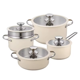 9pcs Stainless Steel Ceramic Coated Pot Set, Including 1 Milk Pot, 2 Stockpots, 1 Non-stick Pan, 4 LIDS And 1 Steamer (Color: Beige)